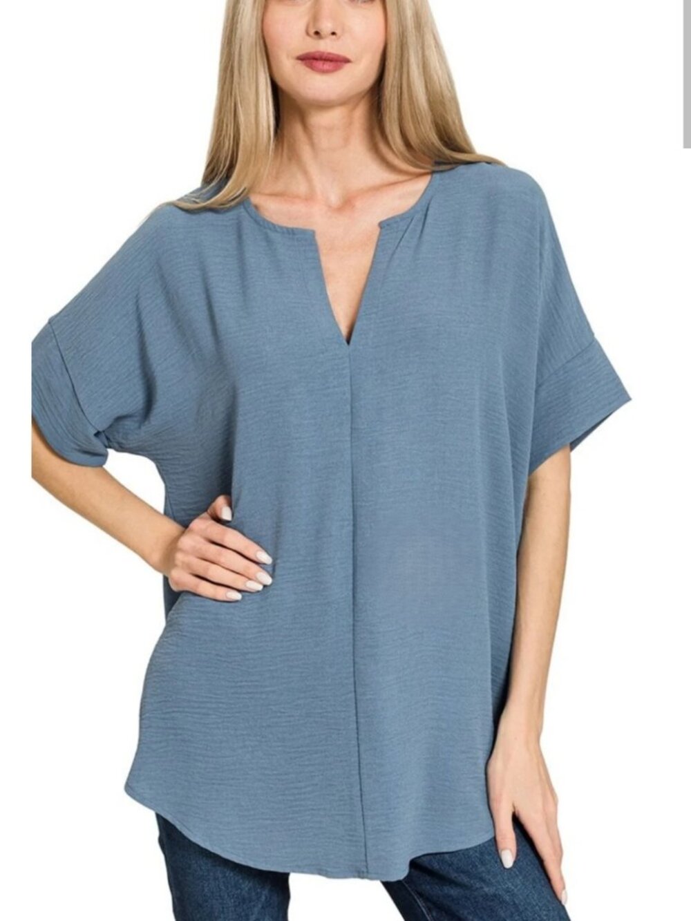 Zenana split neck top Dusty Blue Large